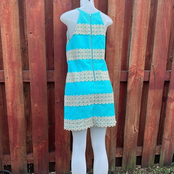 Lilly Pulitzer Annabelle Shift Shorely Blue Gold Lace Dress Size 4 - Picture 9 of 14